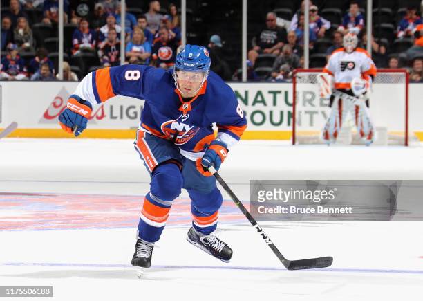 Steve Bernier of the New York Islanders skates against the Philadelphia Flyers at the Nassau Veterans Memorial Coliseum on September 17, 2019 in...