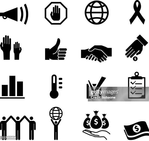 charity and volunteer event black & white vector icon set - fundraiser thermometer stock illustrations
