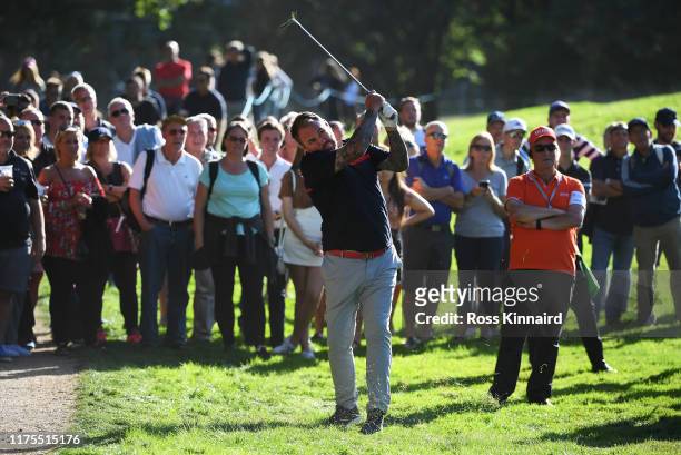 Scott Quinnell plays a shot during the Pro-Am tournament prior to the start of the BMW PGA Championship at Wentworth Golf Club on September 18, 2019...