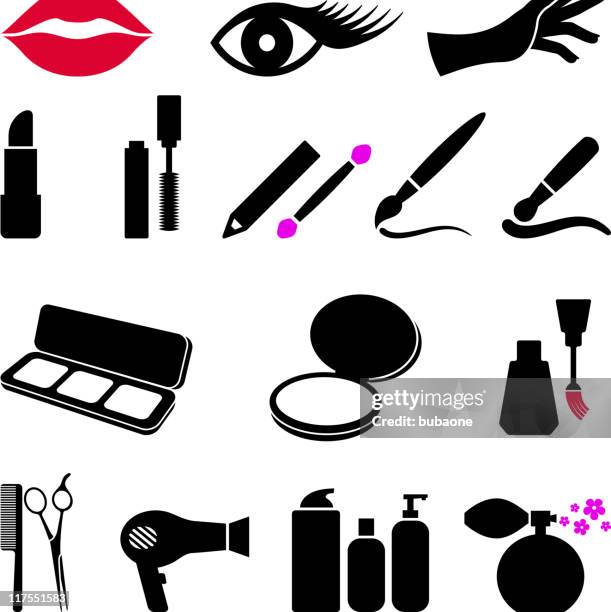 cosmetics and makeup black & white vector icon set - make up brush stock illustrations