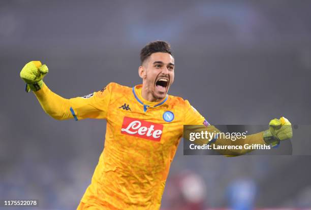 Alex Meret of SSC Napoli celebrates his sides second goal during the UEFA Champions League group E match between SSC Napoli and Liverpool FC at...