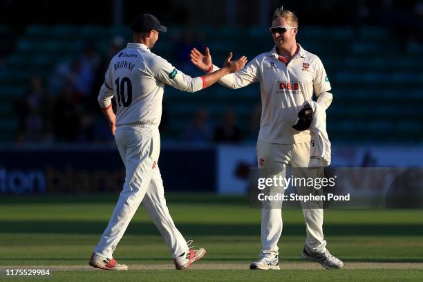 Simon Harmer of Essex celebrates victory during the Specsavers County Championship Division One match between Essex and Surrey at Cloudfm County...