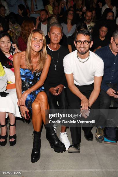 Anna Dello Russo, Angelo Gioia and Simone Marchetti attend the Alberta Ferretti fashion show during the Milan Fashion Week Spring/Summer 2020 on...