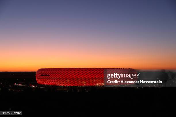 General view as the sun sets outside the stadium ahead of the UEFA Champions League group B match between Bayern Muenchen and Crvena Zvezda at...