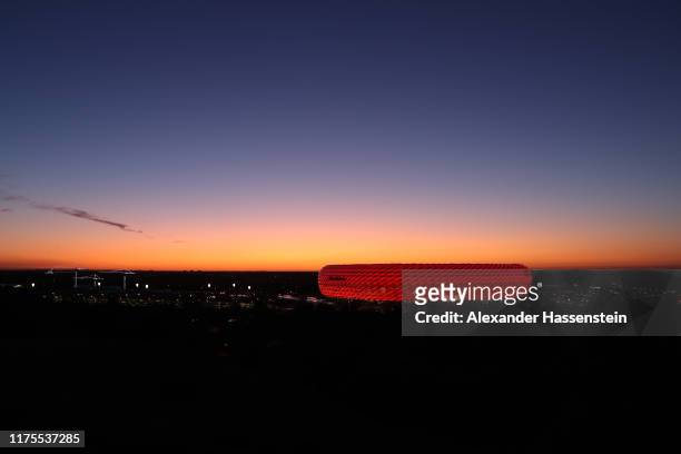 General view as the sun sets outside the stadium ahead of the UEFA Champions League group B match between Bayern Muenchen and Crvena Zvezda at...