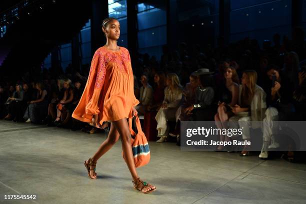 Model walks the runway at the Alberta Ferretti show during the Milan Fashion Week Spring/Summer 2020 on September 18, 2019 in Milan, Italy.