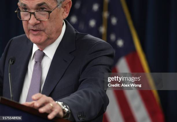 Federal Reserve Board Chairman Jerome Powell speaks during a news conference after a Federal Open Market Committee meeting September 18, 2019 in...