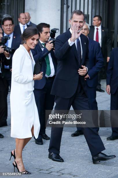 Queen Letizia of Spain and King Felipe VI of Spain arrive at Royal Theatre on September 18, 2019 in Madrid, Spain.