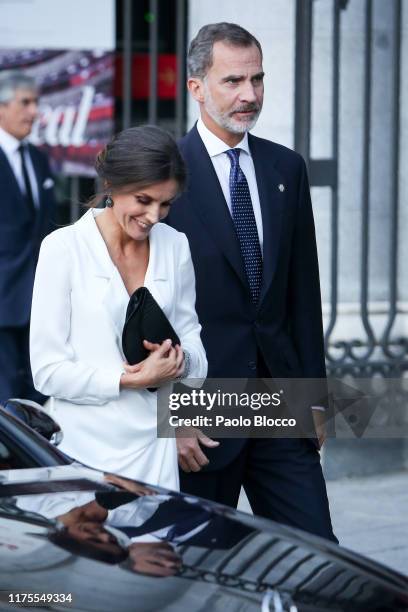 Queen Letizia of Spain and King Felipe VI of Spain arrive at Royal Theatre on September 18, 2019 in Madrid, Spain.