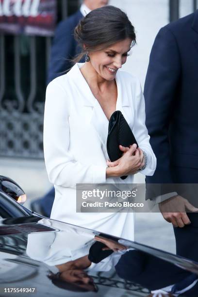 Queen Letizia of Spain and King Felipe VI arrive at Royal Theatre on September 18, 2019 in Madrid, Spain.