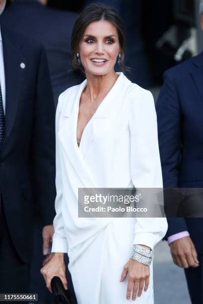 Queen Letizia of Spain and King Felipe VI arrive at Royal Theatre on September 18, 2019 in Madrid, Spain.