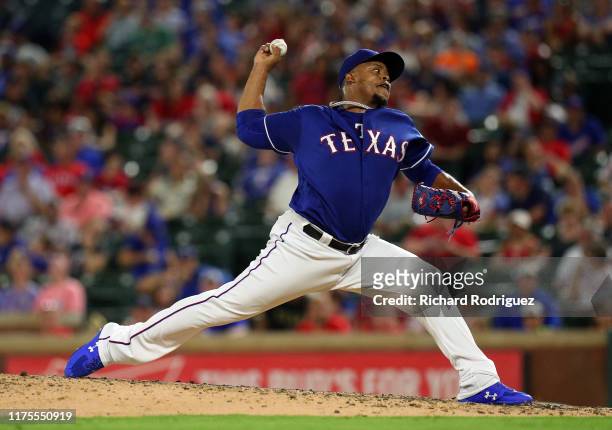 Edinson Volquez of the Texas Rangers pitches against the Oakland Athletics in the seventh inning at Globe Life Park in Arlington on September 14,...