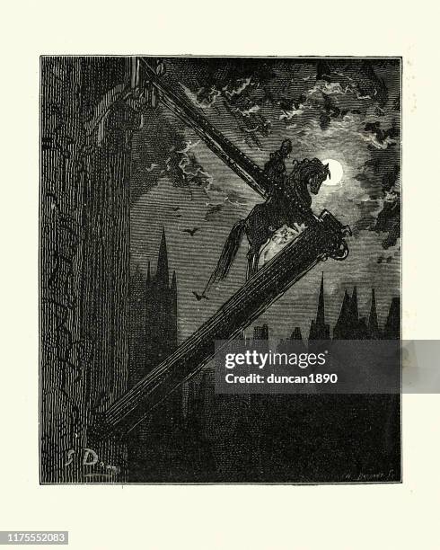 hero leaping the drawbridge on horseback, orlando furioso - jumping castle stock illustrations