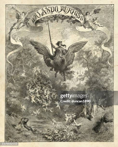 stockillustraties, clipart, cartoons en iconen met orlando furioso, ridder vliegen op een griffin, gustave dore - griffioen