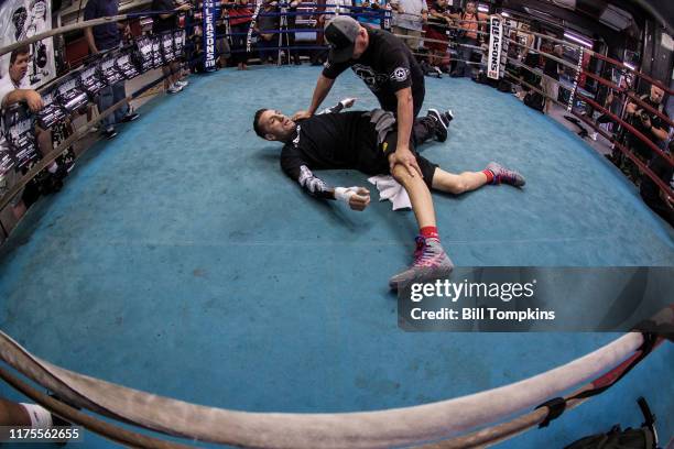 Sergio Mora works out and speaks to the Press on Media Workout Day at Gleason's Gym on July 29, 2015 in Brooklyn.