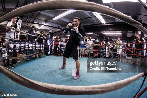 Sergio Mora works out and speaks to the Press on Media Workout Day at Gleason's Gym on July 29, 2015 in Brooklyn.