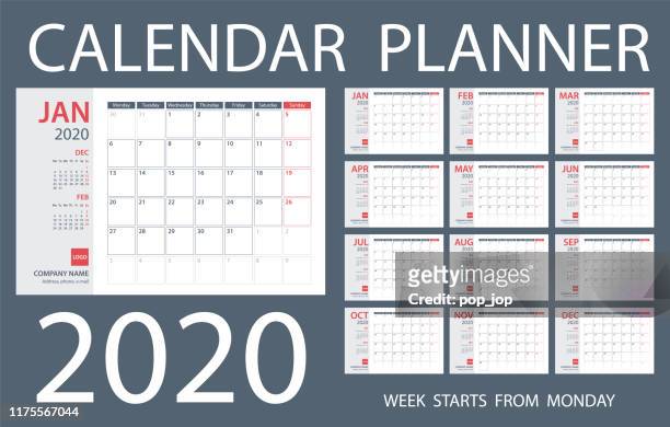 illustrazioni stock, clip art, cartoni animati e icone di tendenza di calendar planner 2020 - modello vettoriale. i giorni iniziano da lunedì - 2020