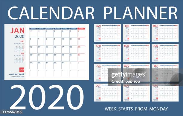 kalender-planer 2020 - vektor-vorlage. die tage beginnen am montag - blue november stock-grafiken, -clipart, -cartoons und -symbole