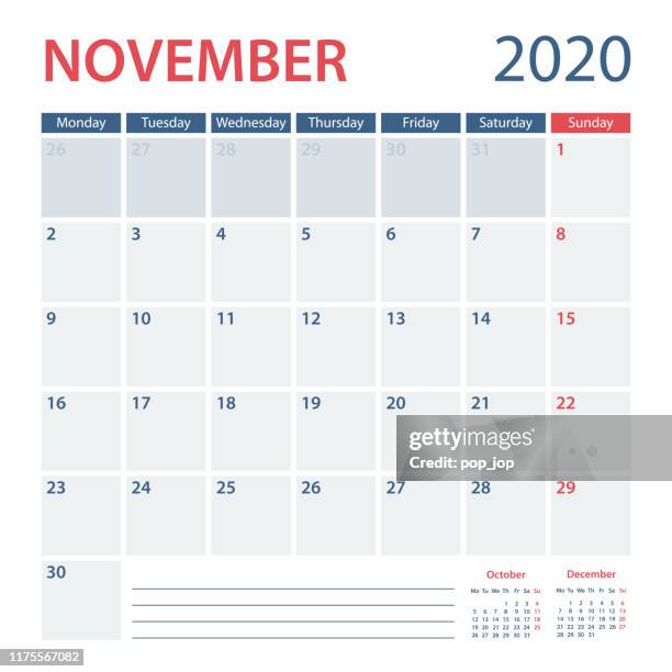 ilustraciones, imágenes clip art, dibujos animados e iconos de stock de plantilla vectorial del planificador de calendarios de 2020 de noviembre. la semana comienza el lunes - calendario pared