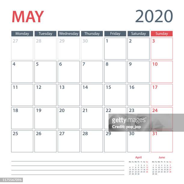ilustraciones, imágenes clip art, dibujos animados e iconos de stock de 2020 plantilla vectorial del planificador de calendarios de mayo. la semana comienza el lunes - calendario pared