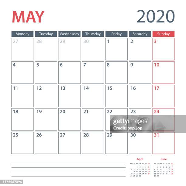 2020 may calendar planner vector template. week starts monday - 2020 stock illustrations