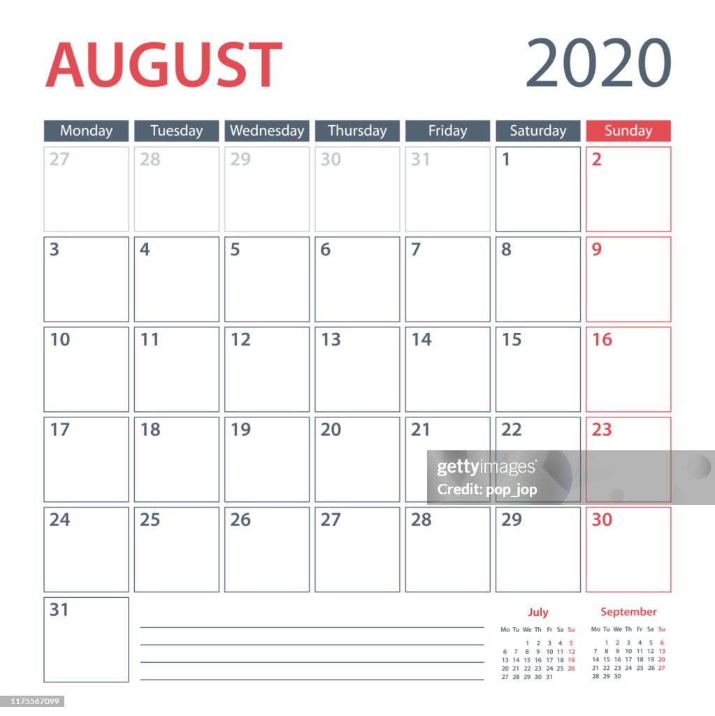 2020 August Calendar Planner Vector Template. Week starts Monday