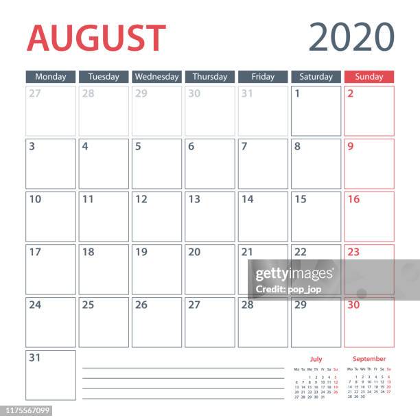 2020 august calendar planner vector template. week starts monday - august vector stock illustrations