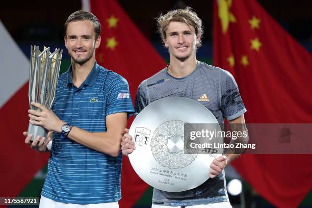 Daniil Medvedev of Russia holds the trophy after winning the men's singles final against Alexander Zverev of Germany on day nine of 2019 Shanghai...