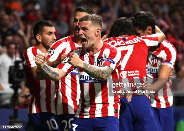 Kieran Trippier of Atletico Madrid celebrates his sides second goal scores by Hector Herrera during the UEFA Champions League group D match between...