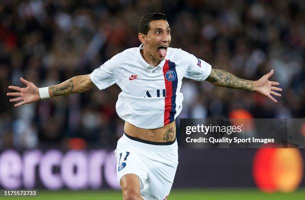 Angel Di Maria of Paris Saint-Germain celebrates after scoring his team's second goal during the UEFA Champions League group A match between Paris...