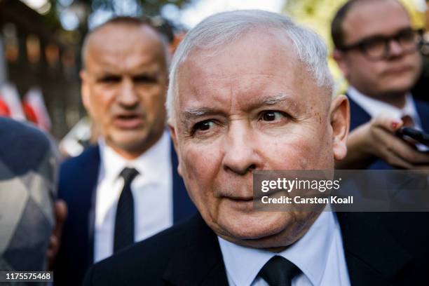 Jaroslaw Kaczynski, leader of the governing, right-wing Law and Justice political party , leaves the polling station after casting his ballot in the...