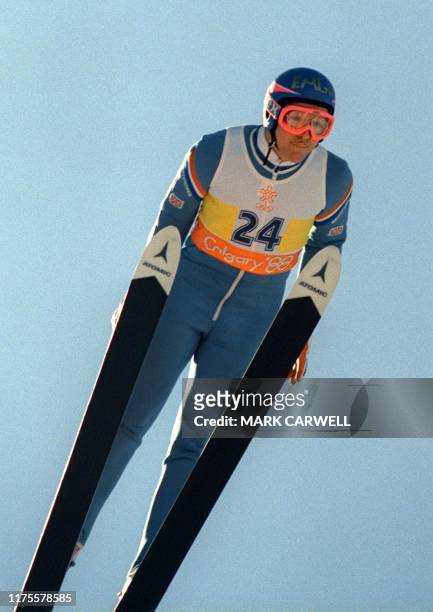 Britain's first ever Olympic jumper Eddie Edwards flies through the air during the XV Winter Olympics ski jump 90 meter event 23 February 1988 at...