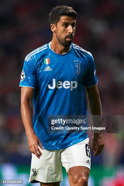 Sami Khedira of Juventus looks on during the UEFA Champions League group D match between Atletico Madrid and Juventus at Wanda Metropolitano on...