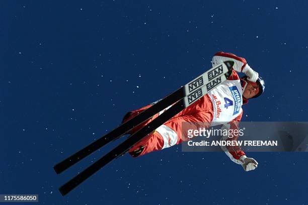 Steve Omischl from Canada on his way to a third-place finish, 12 August 2000, in the Philips Mobile Phones World Aerials in Mt. Buller, Victoria. The...