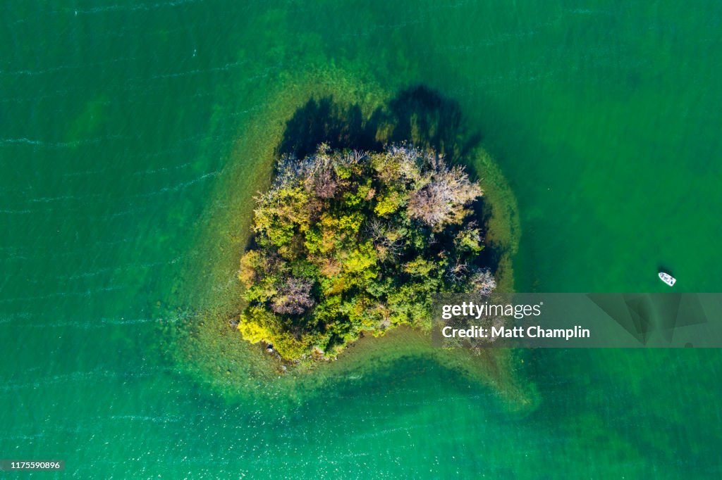 View Looking Down on Island in Blue Lake