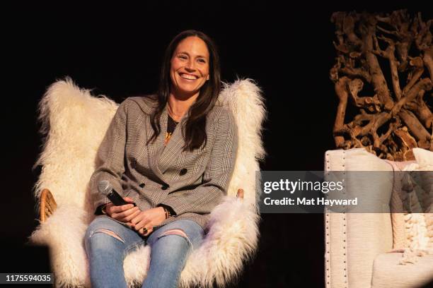 Professional basketball player Sue Bird speaks on stage during 'Together Live' at The Moore Theater on October 12, 2019 in Seattle, Washington.