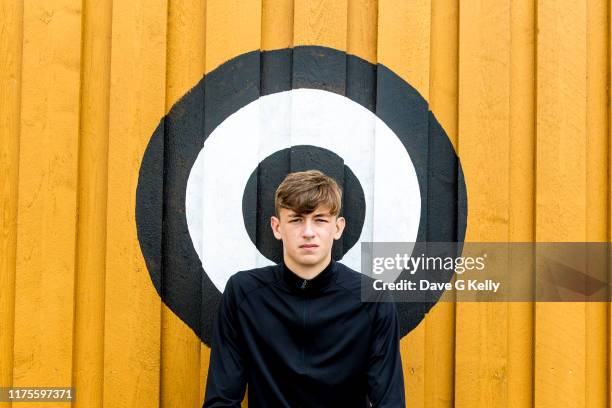 teenage boy in front of a target looking at camera - young face serious at camera stockfoto's en -beelden