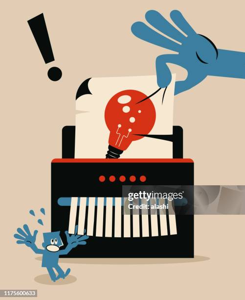 big hand inserts a paper with an idea light bulb into the paper shredder and a man gets disappointed - guy-throwing-out-garbage-drawing stock illustrations