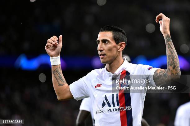 Angel Di Maria of Paris Saint-Germain reacts after scoring during the UEFA Champions League group A match between Paris Saint-Germain and Real Madrid...