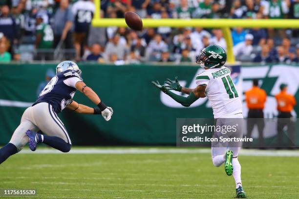 New York Jets wide receiver Robby Anderson makes a 92 yard touchdown catch and run during the second quarter of the National Football League game...