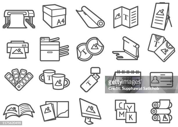 print shop line icons set - label printing machine stock-grafiken, -clipart, -cartoons und -symbole