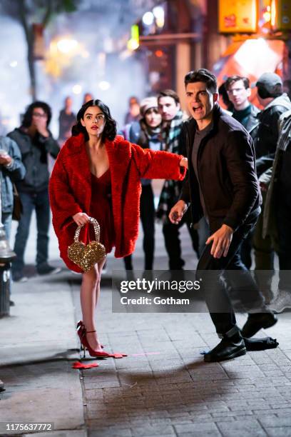 Lucy Hale and Zane Holtz are seen filming on location for 'Katy Keene' in the Lower East Side on September 18, 2019 in New York City.