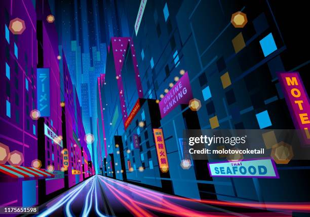 illustrations, cliparts, dessins animés et icônes de rue colorée de nuit avec des signes - tube néon