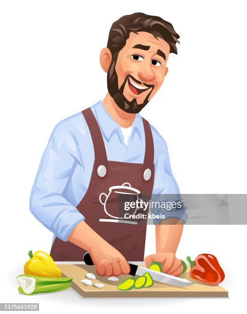 junger mann schneidet gemüse - junge männer stock-grafiken, -clipart, -cartoons und -symbole
