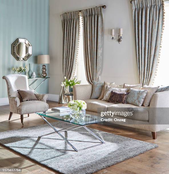 beautiful living room interior - modern curtain style stock pictures, royalty-free photos & images