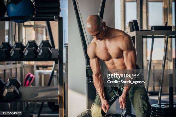 shirtless macho guy in gym - fivela imagens e fotografias de stock