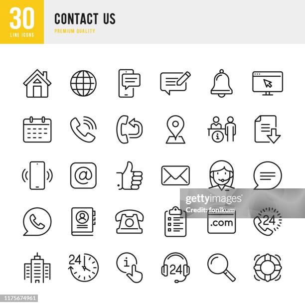 ilustraciones, imágenes clip art, dibujos animados e iconos de stock de contáctenos - conjunto de iconos vectoriales de línea delgada. píxel perfecto. conjunto contiene iconos como inicio, ubicación, comentarios, mensaje, soporte, office, correo. - oficina