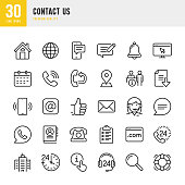 Contact Us - thin line vector icon set. Pixel Perfect. Set contains such icons as Home, Location, Feedback, Message, Support, Office, Mail.