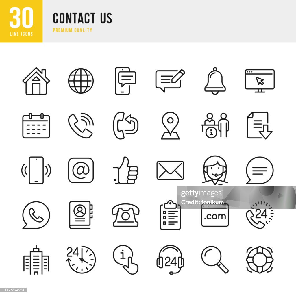 Contact Us - thin line vector icon set. Pixel Perfect. Set contains such icons as Home, Location, Feedback, Message, Support, Office, Mail.