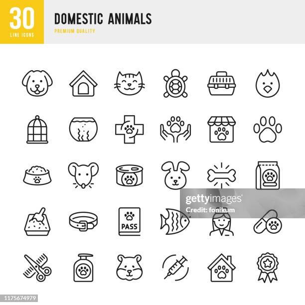 ilustraciones, imágenes clip art, dibujos animados e iconos de stock de animales domésticos - conjunto de iconos vectoriales de línea delgada. píxel perfecto. conjunto contiene iconos tales como mascotas, perro, gato, pájaro, pescado, hámster, ratón, conejo, comida para mascotas, aseo. - caseta de perro